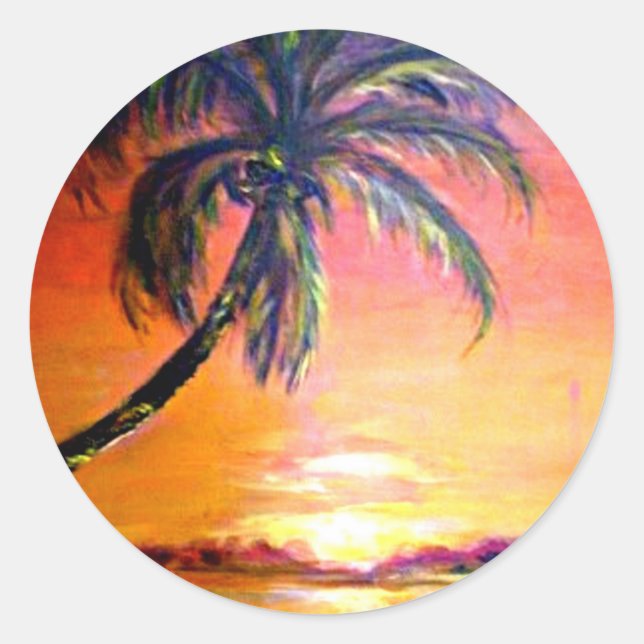 Pegatina Redonda Atardecer tropical, pintura artística fina, (Anverso)