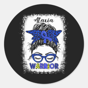 Pegatina Redonda Ataxia Warrior Messy Bun Blue Ribbon Mujeres Ataxi
