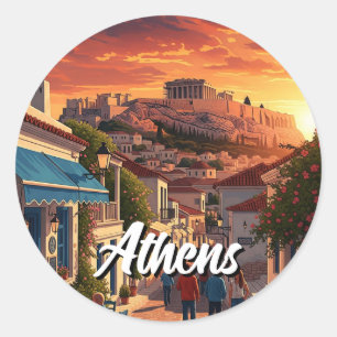 Pegatina Redonda Atenas Plaka Grecia Viajes