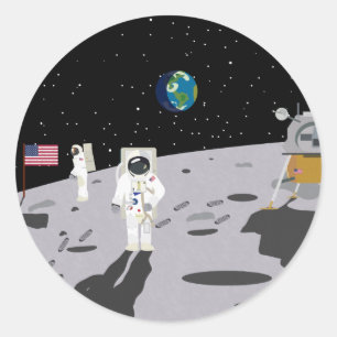 Pegatina Redonda Aterrizaje en luna 1969 (Historia simple)