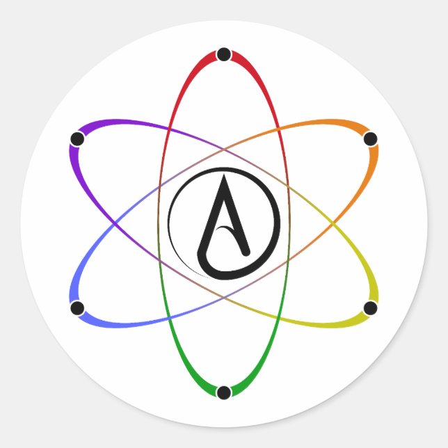 Pegatina Redonda Atheist Atom Symbol Rainbow Black (Anverso)