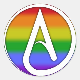 Pegatina Redonda Atheist Symbol White over Rainbow
