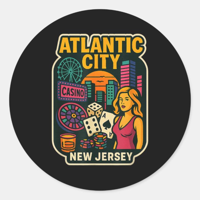 Pegatina Redonda Atlantic City New Jersey Vacation Casino Gaming Ga (Anverso)
