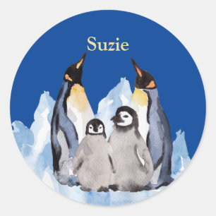 Pegatina Redonda Atractiva familia de pingüinos con nombre en Rich 