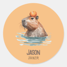 Pegatina Redonda Atractivo capibara con nombre de Naranja y niño