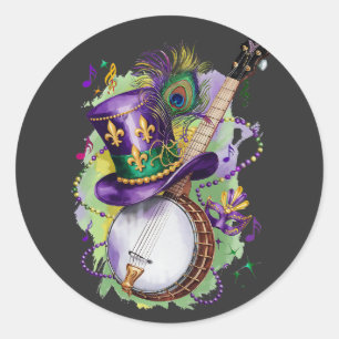 Pegatina Redonda Atractivo Mardi Gras Mix Banjo Costume Festividad