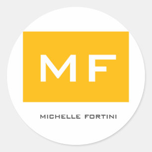 Pegatina Redonda Atractivo Monograma Amarillo Blanco Tu Nombre