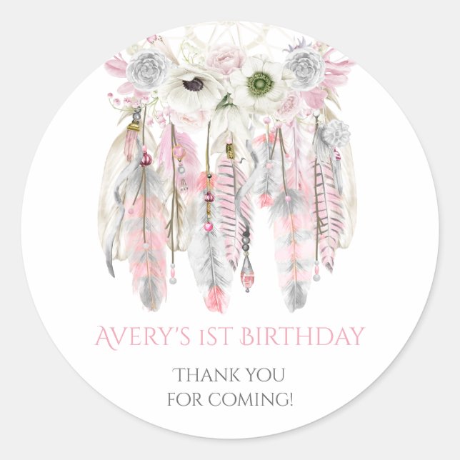 Pegatina Redonda Atrapasueños Boho Rosa Gris Plumas de Marfil (Anverso)
