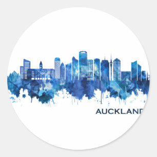 Pegatina Redonda Auckland New Zealand Skyline Blue