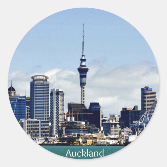 Pegatina Redonda Auckland Skyline (Anverso)