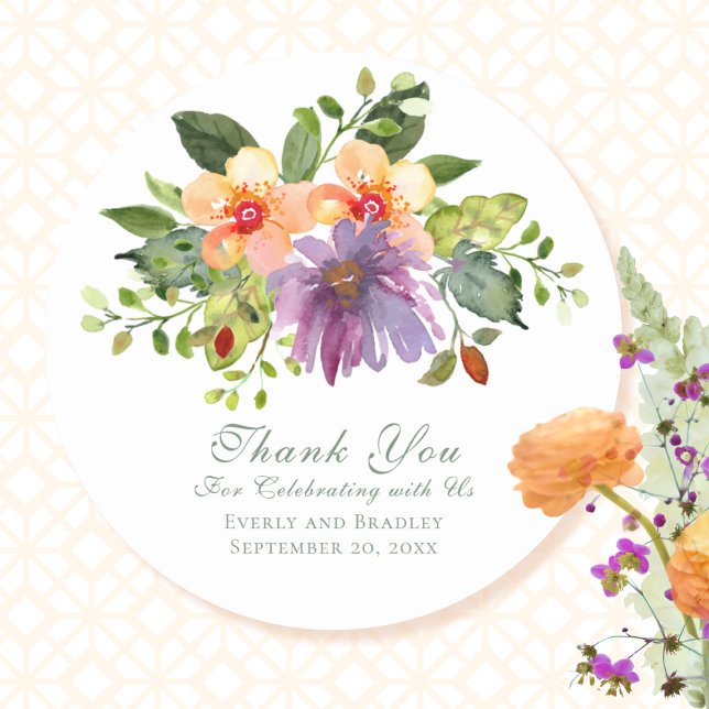 Pegatina Redonda Audaz Boda Peach Purple Floral Green (Subido por el creador)