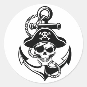 Pegatina Redonda Audaz Skull Pirata y Anchor - Diseño Nautico