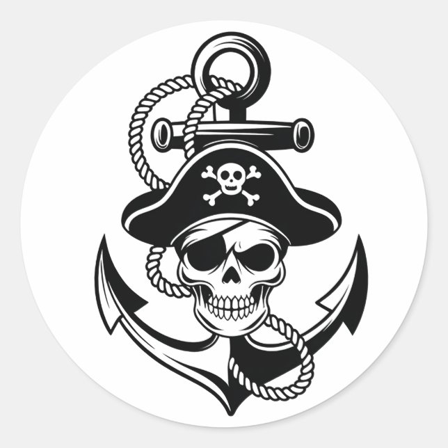 Pegatina Redonda Audaz Skull Pirata y Anchor - Diseño Nautico (Anverso)