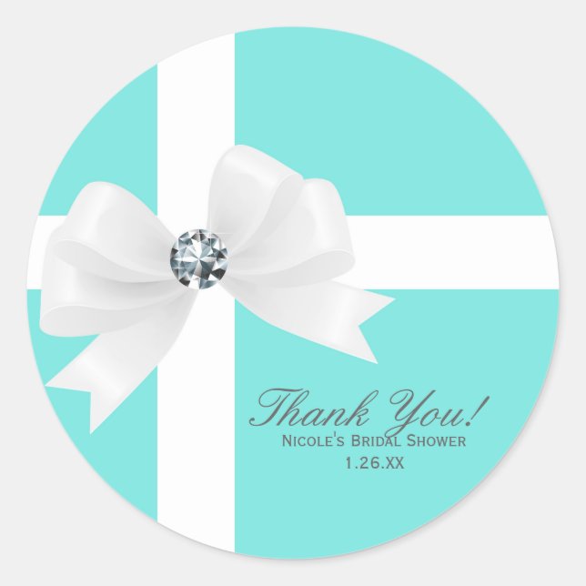 Pegatina Redonda Audrey Blue Bridal Shower White Bow Diamond Favor (Anverso)