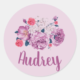 Pegatina Redonda Audrey Nombre Floral Personalizado Flor Vintage pa