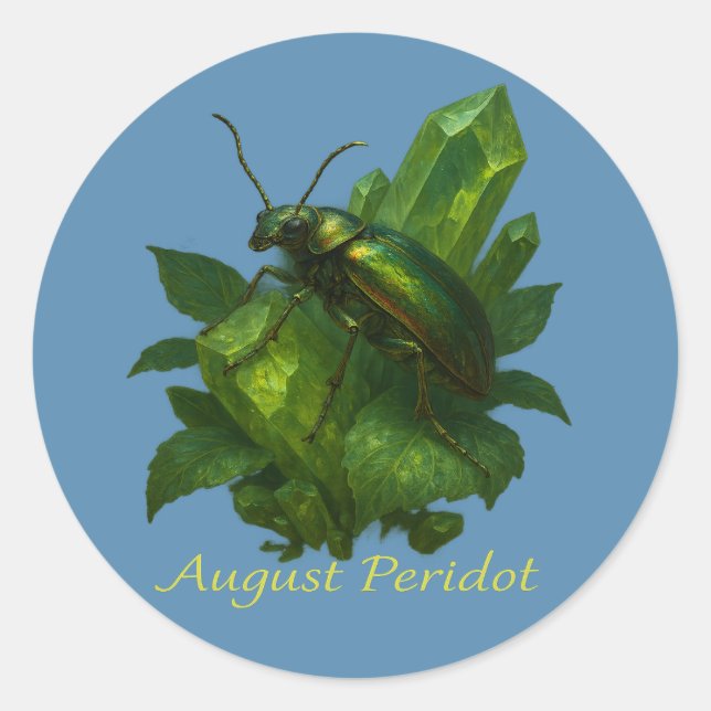 Pegatina Redonda August Peridot: Jewel Beetle & Crystal (Anverso)