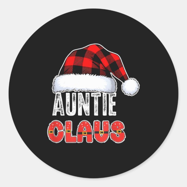 Pegatina Redonda Auntie Claus Buffalo Plaid Red Santa Hat Christmas (Anverso)