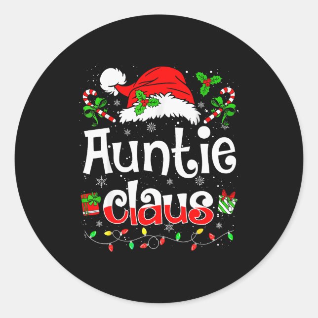 Pegatina Redonda Auntie Claus Shirt Christmas Lights Pajama Family  (Anverso)