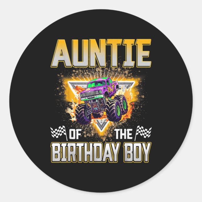 Pegatina Redonda Auntie Of The Birthday Boy Monster Truck Birthday  (Anverso)