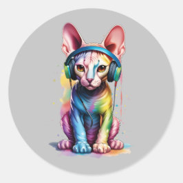 Pegatina Redonda Auriculares con arco iris para gatos Sphynx