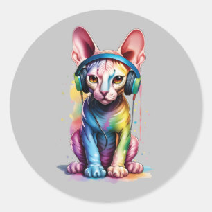 Pegatina Redonda Auriculares con arco iris para gatos Sphynx