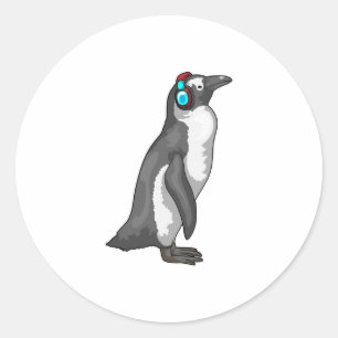 Pegatina Redonda Auriculares con música pingüino