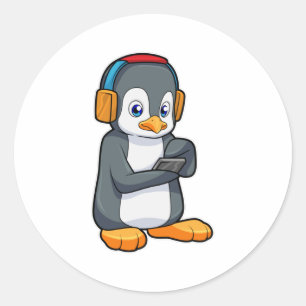 Pegatina Redonda Auriculares con música pingüino