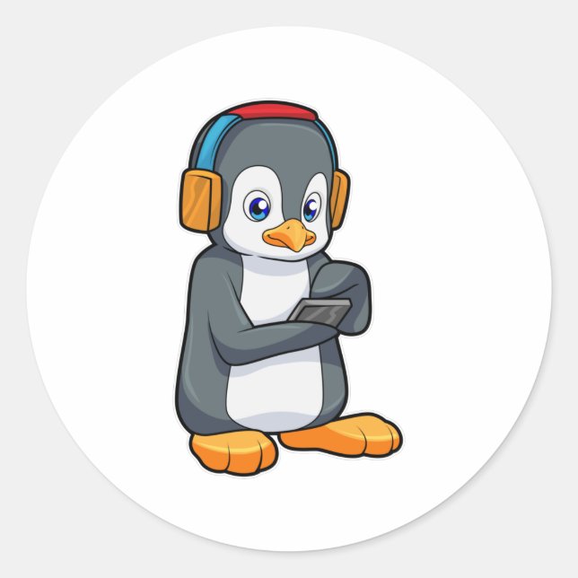 Pegatina Redonda Auriculares con música pingüino (Anverso)