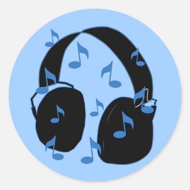 Pegatina Redonda Auriculares con notas musicales para bebé en azul (Anverso)