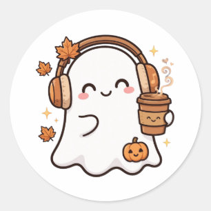 Pegatina Redonda Auriculares de Calabaza Fantasma Adorable