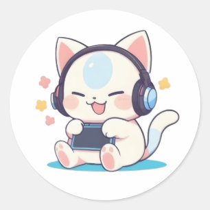Pegatina Redonda Auriculares de gato Chibi lindos para consola port