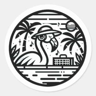 Pegatina Redonda Auriculares Flamingo en blanco y negro y tropicale