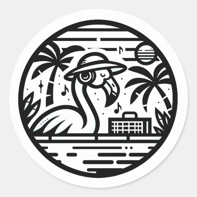 Pegatina Redonda Auriculares Flamingo en blanco y negro y tropicale (Anverso)