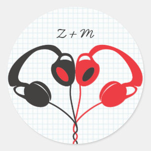 Pegatina Redonda Auriculares Indie Retro Boda del corazón Rojo y Ne