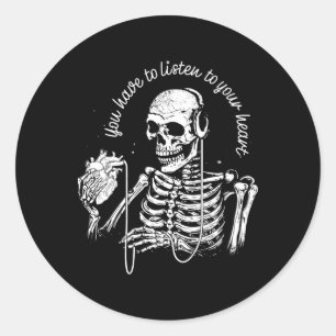 Pegatina Redonda Auriculares Skeleton Corazón Música Gótica Hallowe