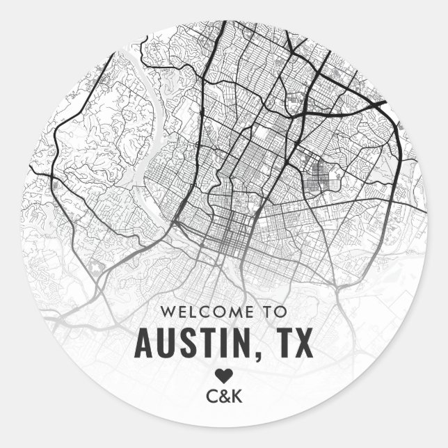 Pegatina Redonda Austin, Texas City Map | Bienvenida Boda (Anverso)