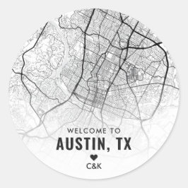 Pegatina Redonda Austin, Texas City Map | Bienvenida Boda