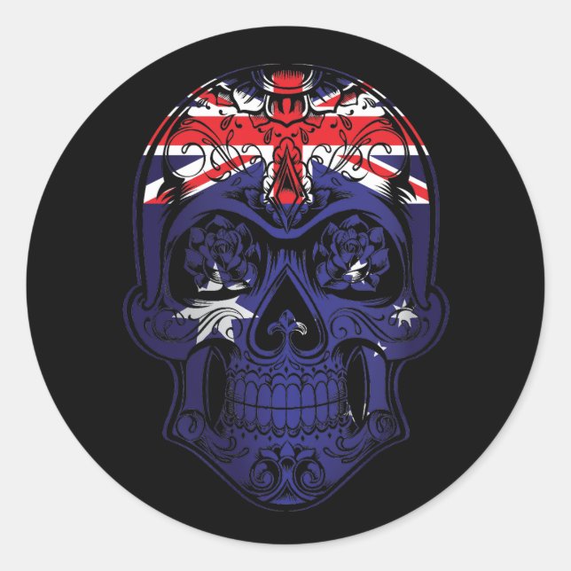 Pegatina Redonda Australia Skull Y Bandera De Los Rosas (Anverso)