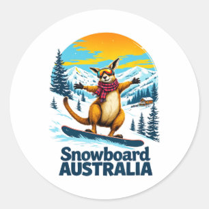 Pegatina Redonda Australia: Un divertido canguro con Snowboard