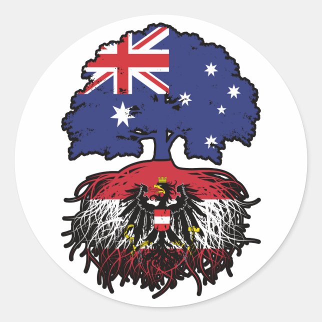 Pegatina Redonda Austria Raíces austríacas de árboles australianos (Anverso)