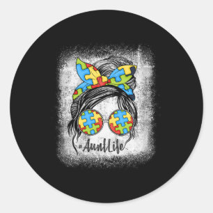 Pegatina Redonda Autie Aunt Life Autism Awareness Messy Bun Bleache