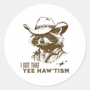 Pegatina Redonda Autism Awareness Cowboy Raccoon Tengo Que Yee Haw