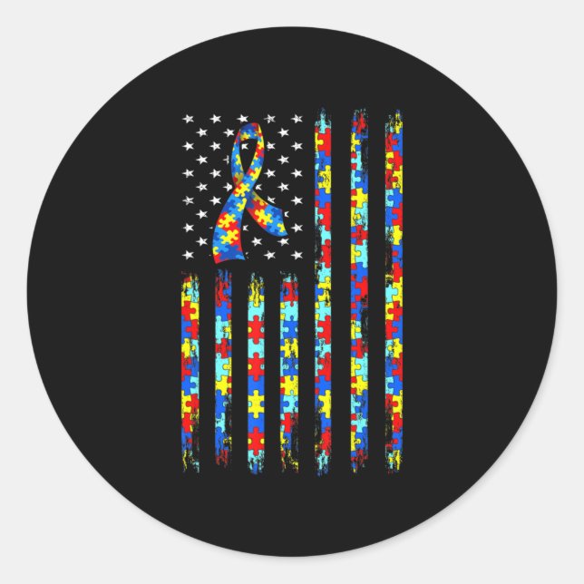 Pegatina Redonda Autism Awareness Shirt American Flag Ribbon Puzzle (Anverso)