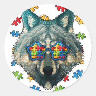 Pegatina Redonda Autism Awareness Wolf Puzzle Sungafas Autistic K