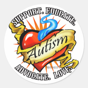 Pegatina Redonda Autism Classic Heart Tattoo