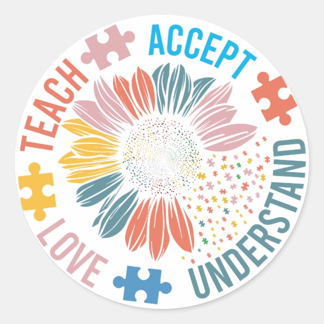 Pegatina Redonda Autism Maacher Teach Accept Understanding Love (Anverso)