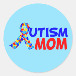 Pegatina Redonda Autism Mom Blue Red Awarbon Cinta