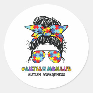 Pegatina Redonda Autism Mom Life Messy Bun Autism Awareness