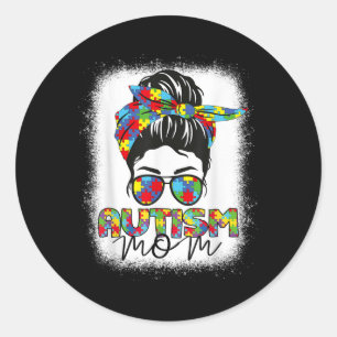 Pegatina Redonda Autism Mom Life Messy Bun Bleached Día de la Madre