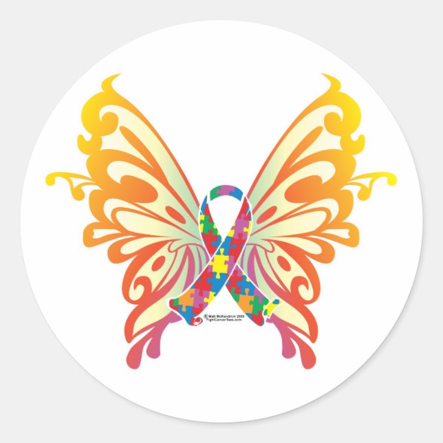 Pegatina Redonda Autism Ribbon Butfly (Anverso)